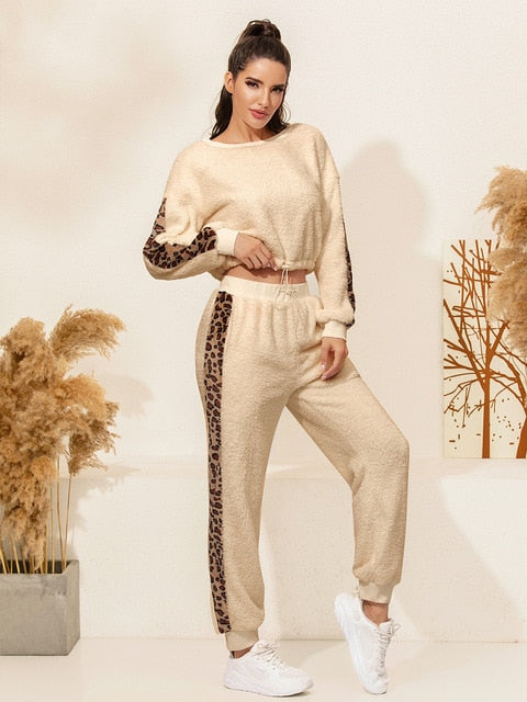 Winter Mujer Teddy velvet Clothes Two Piece Set Pants And Top Tracksuit Warm Leopard Print Femme Women Autumn Pijama Lounge Wear