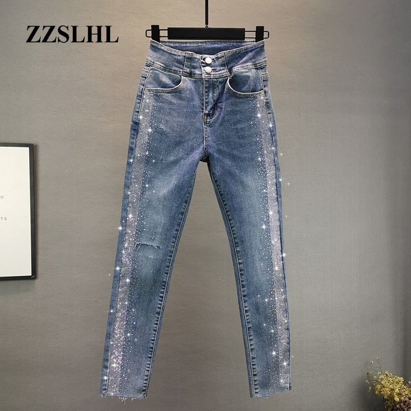 Women's Jeans 2020 Spring Autumn New High-Waist Stretch Jeans Heavy Industry Rhinestone Denim Feet Pants Female Trousers