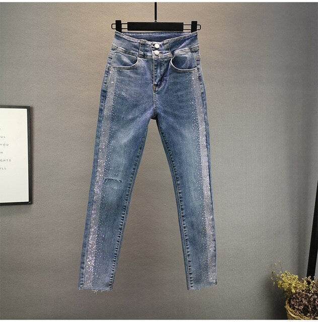 Women's Jeans 2020 Spring Autumn New High-Waist Stretch Jeans Heavy Industry Rhinestone Denim Feet Pants Female Trousers