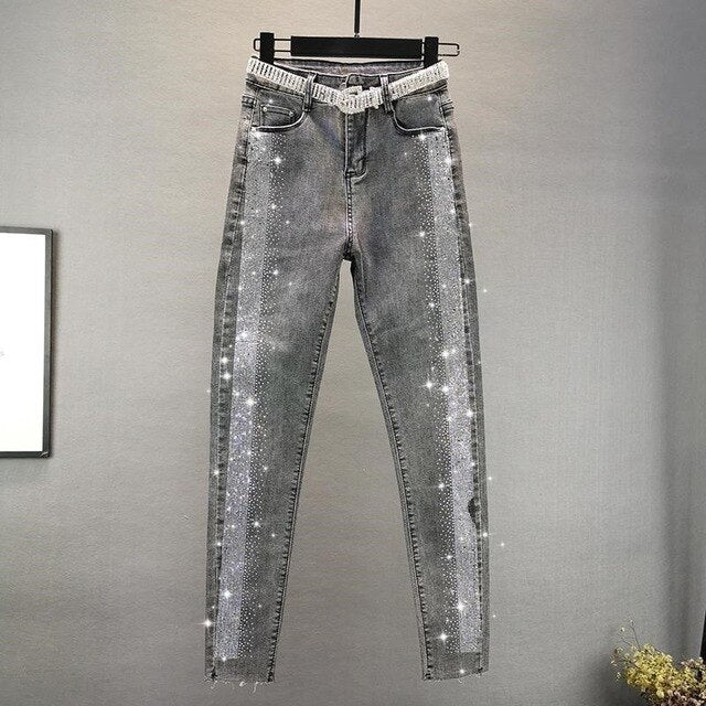 Women's Jeans 2020 Spring Autumn New High-Waist Stretch Jeans Heavy Industry Rhinestone Denim Feet Pants Female Trousers