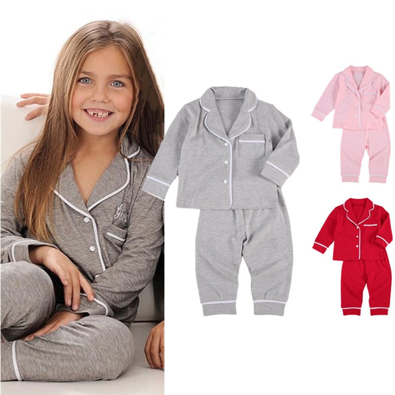 2 Piece Toddler Kids Girls Boys Pajama Sets Long Sleeve Lapel Buttons Shirt Top+Pant Cotton Casual Homewear Sleepwear Nightwear