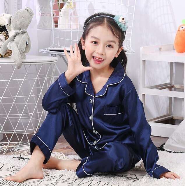 Childrens Kids Pyjamas Silk Satin Tops Pant Autumn Winter Long Sleeve Sleepwear Nightwear Girls Boys Pajama Sets Teen Pajamas