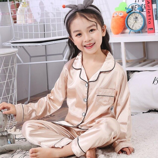 Childrens Kids Pyjamas Silk Satin Tops Pant Autumn Winter Long Sleeve Sleepwear Nightwear Girls Boys Pajama Sets Teen Pajamas