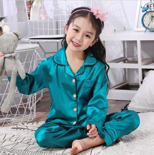 Childrens Kids Pyjamas Silk Satin Tops Pant Autumn Winter Long Sleeve Sleepwear Nightwear Girls Boys Pajama Sets Teen Pajamas