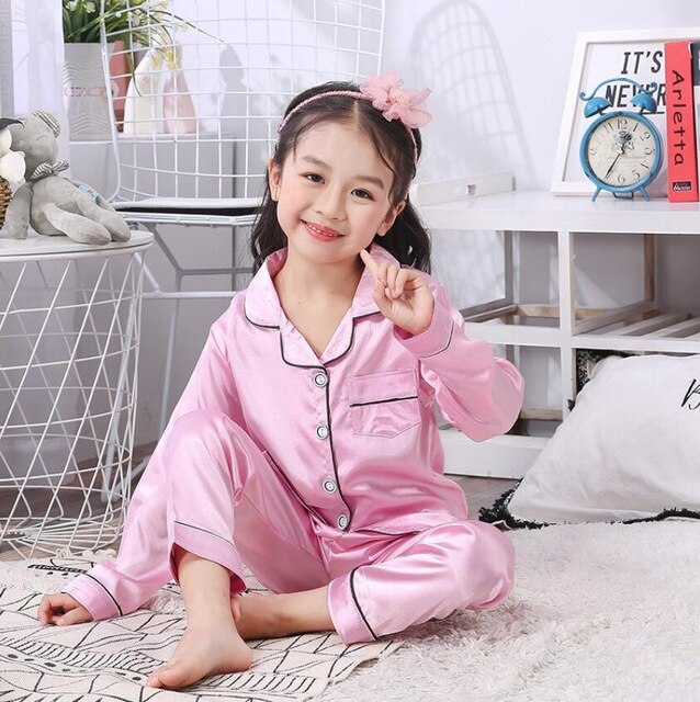 Childrens Kids Pyjamas Silk Satin Tops Pant Autumn Winter Long Sleeve Sleepwear Nightwear Girls Boys Pajama Sets Teen Pajamas