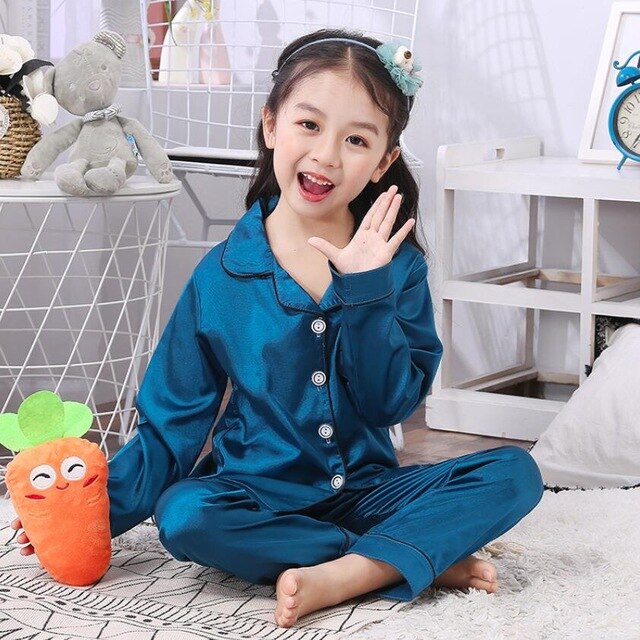 Childrens Kids Pyjamas Silk Satin Tops Pant Autumn Winter Long Sleeve Sleepwear Nightwear Girls Boys Pajama Sets Teen Pajamas