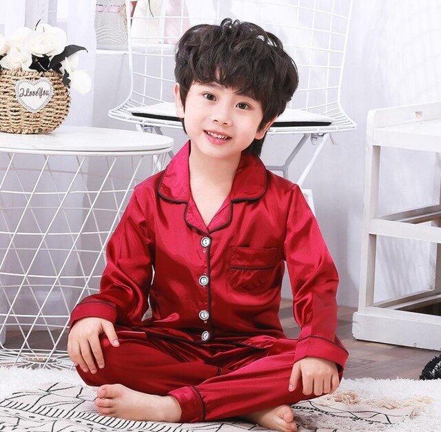 Childrens Kids Pyjamas Silk Satin Tops Pant Autumn Winter Long Sleeve Sleepwear Nightwear Girls Boys Pajama Sets Teen Pajamas