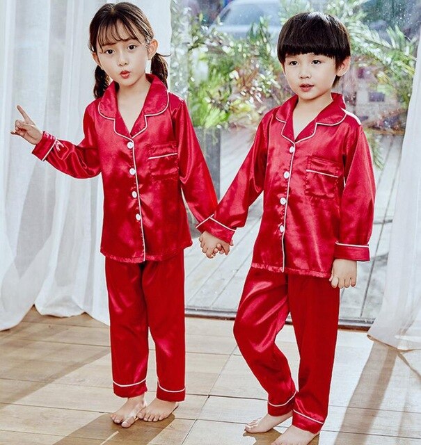 Childrens Kids Pyjamas Silk Satin Tops Pant Autumn Winter Long Sleeve Sleepwear Nightwear Girls Boys Pajama Sets Teen Pajamas