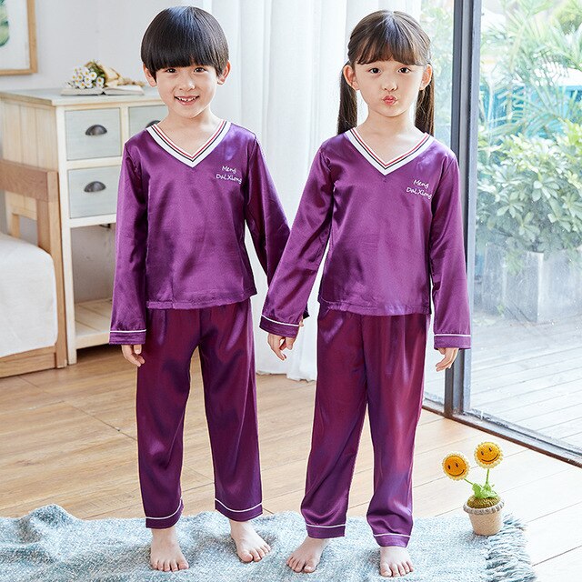 Childrens Kids Pyjamas Silk Satin Tops Pant Autumn Winter Long Sleeve Sleepwear Nightwear Girls Boys Pajama Sets Teen Pajamas