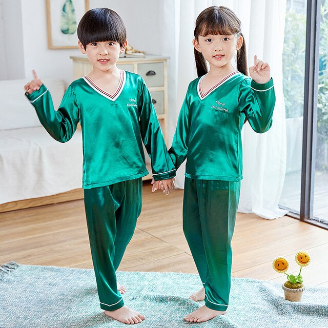 Childrens Kids Pyjamas Silk Satin Tops Pant Autumn Winter Long Sleeve Sleepwear Nightwear Girls Boys Pajama Sets Teen Pajamas