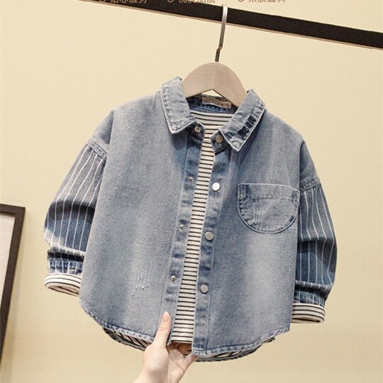 3 4 5 6 7 8 Years Toddler Boys Denim Shirt Kids Casual Fashion Tops Autumn Korean Style Striped Sleeve Shirt Jacket for Boy 2020