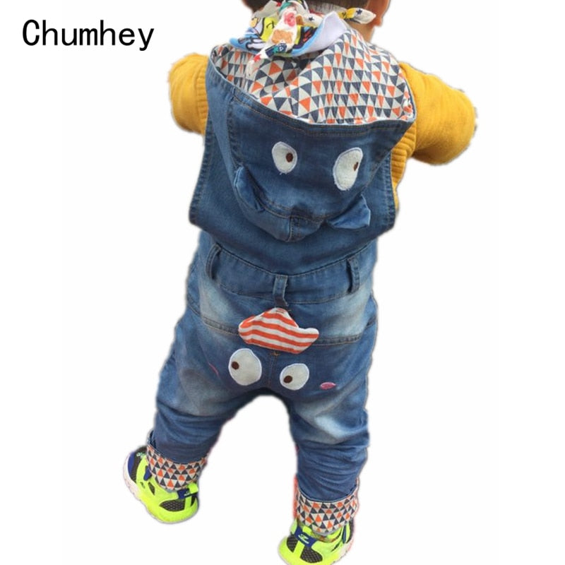 High Quality 9-12M Baby Jeans Overalls Long Pants Hooded Rompers Toddler Girls Boys Jeans Jumpsuit Kids clothes bebe Clothing