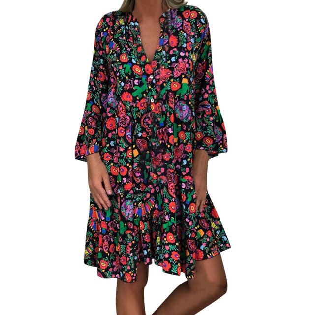 Women's dresses Ladies Plus Size Loose Print Long Sleeve V-Collar Button Mini Dress see through dress summer dress robe de plage