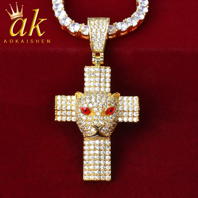 Animal  Leopard Cross Necklace For Women With Tennis Chain Gold Color Cubic Zircon Hip Hop  Jewelry Rock Street