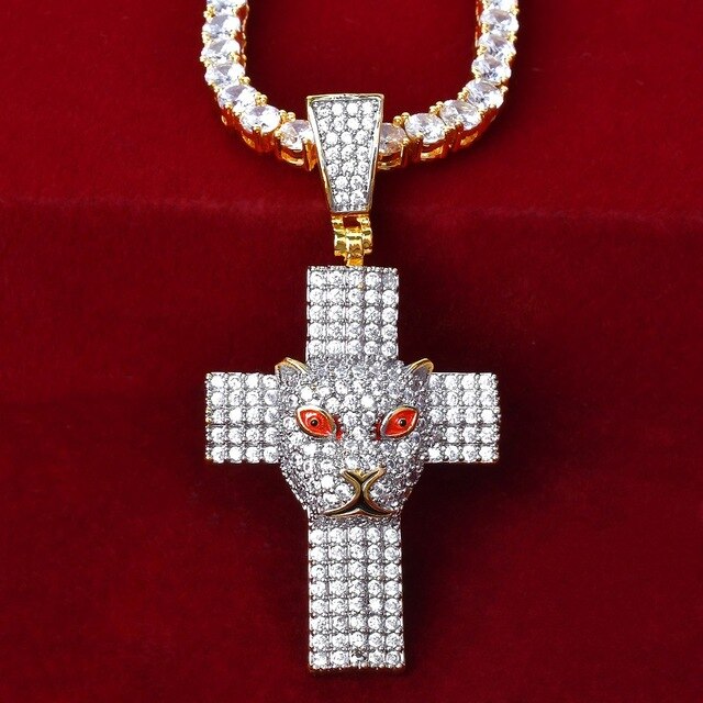 Animal  Leopard Cross Necklace For Women With Tennis Chain Gold Color Cubic Zircon Hip Hop  Jewelry Rock Street