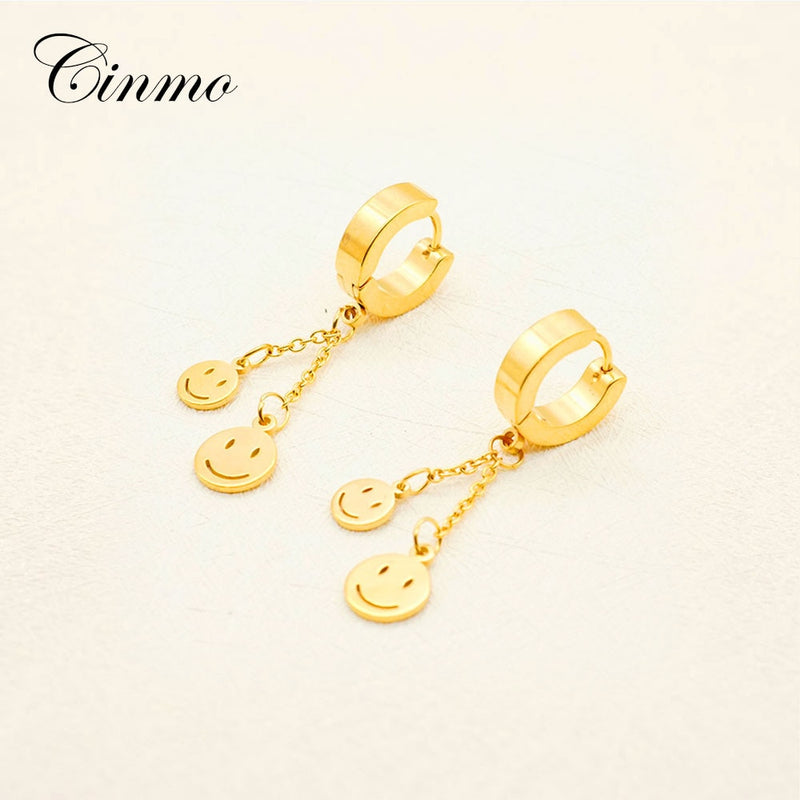 Cinmo Stainless Steel Piercing Drop Earrings Double Smile Face Long Chain Dangle Earrings For Men Women Wholesale Ear Jewelry