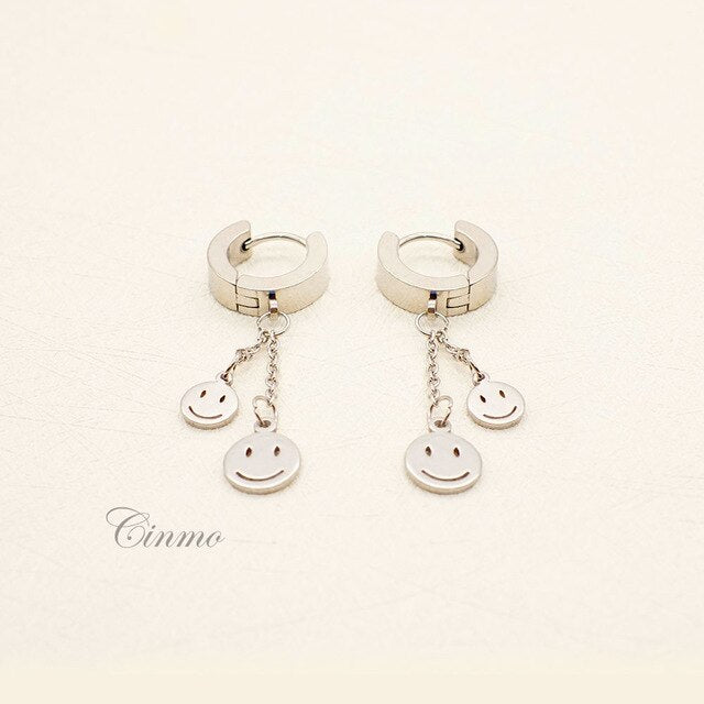 Cinmo Stainless Steel Piercing Drop Earrings Double Smile Face Long Chain Dangle Earrings For Men Women Wholesale Ear Jewelry