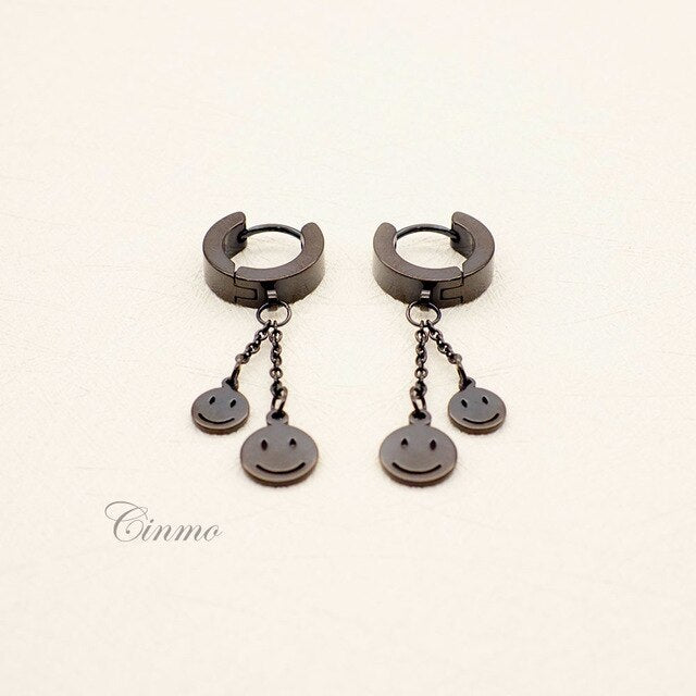 Cinmo Stainless Steel Piercing Drop Earrings Double Smile Face Long Chain Dangle Earrings For Men Women Wholesale Ear Jewelry