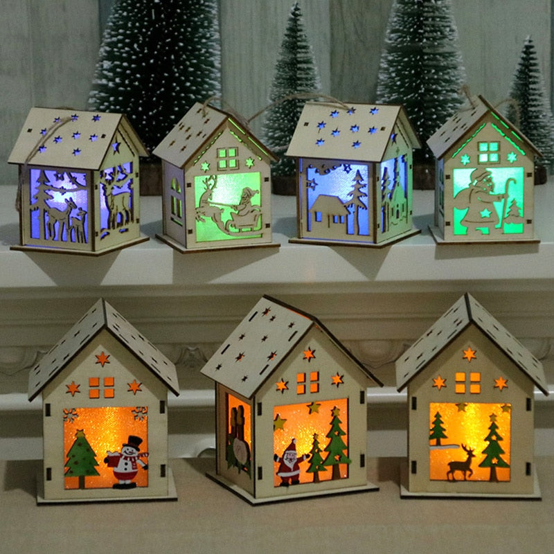 Festival Led Light Wood House Christmas Tree Decorations For Home Wooden House Hanging Ornaments DIY Gift Window Decoration