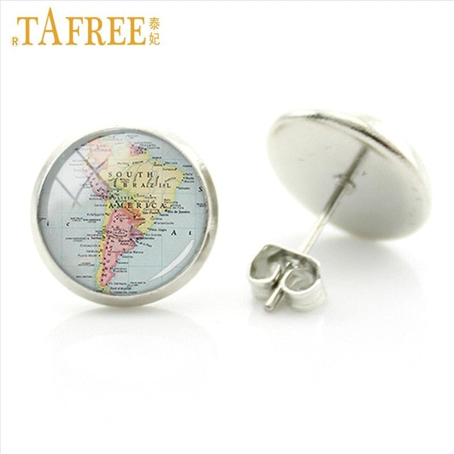 TAFREE South America Map stud earrings Classic travel atlases as scenic route Rhodium Plated earth art glass dome jewlery NS047