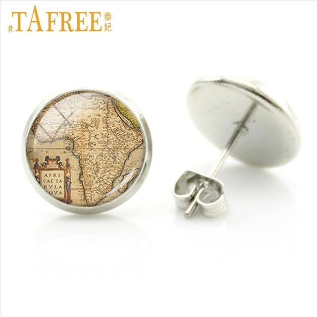 TAFREE South America Map stud earrings Classic travel atlases as scenic route Rhodium Plated earth art glass dome jewlery NS047