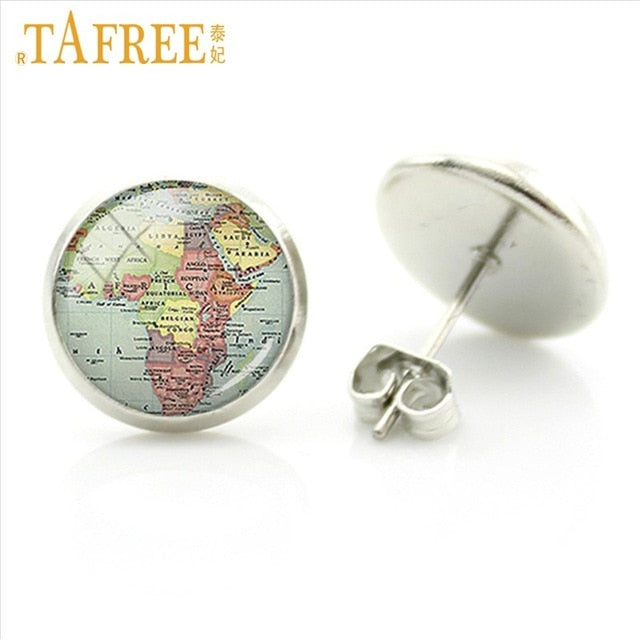 TAFREE South America Map stud earrings Classic travel atlases as scenic route Rhodium Plated earth art glass dome jewlery NS047