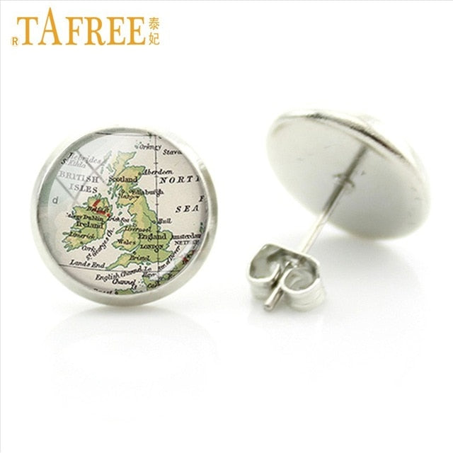 TAFREE South America Map stud earrings Classic travel atlases as scenic route Rhodium Plated earth art glass dome jewlery NS047