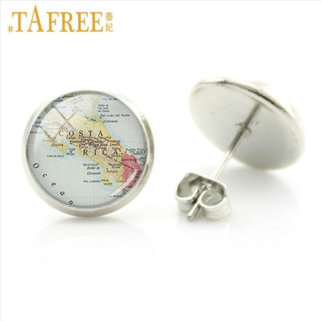 TAFREE South America Map stud earrings Classic travel atlases as scenic route Rhodium Plated earth art glass dome jewlery NS047