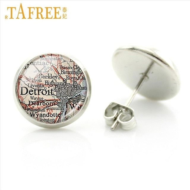 TAFREE South America Map stud earrings Classic travel atlases as scenic route Rhodium Plated earth art glass dome jewlery NS047