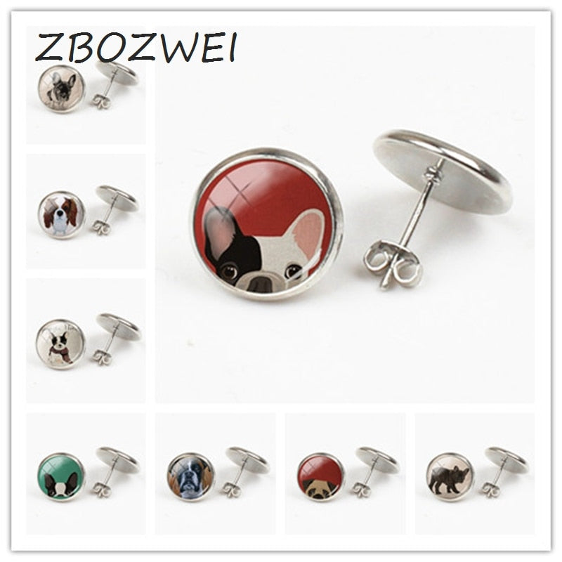 ZBOZWEI Colorful Dog Earrings French Bulldog Art Picture round Glass for women men handmade charms mew trendy 2018 jewlery