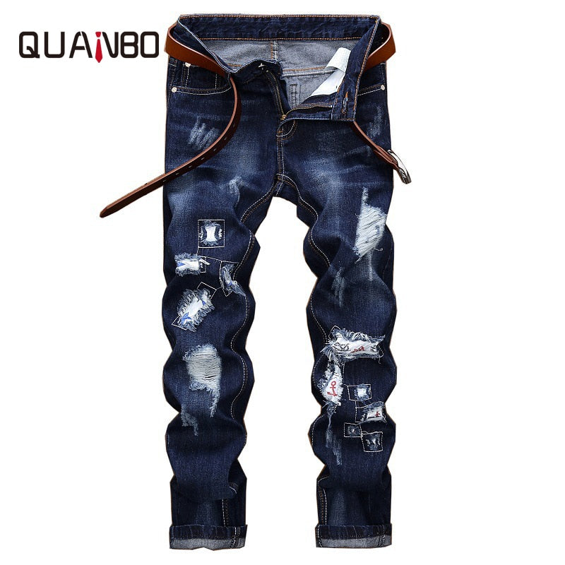 QUANBO 2019 New Spring Fashion Hole Jeans Men  Long Trousers Embroidered Cotton Classic Straight Jeans Plus size Blue N2040