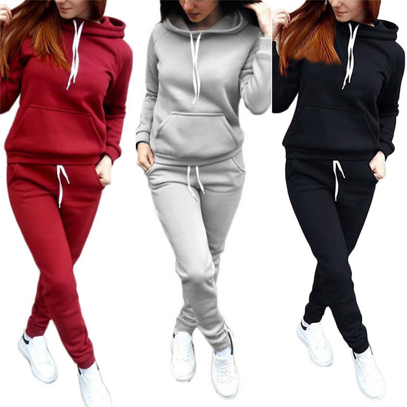 2PCS Fashion Women Hooded Hoodies Pants Solid Tracksuit Sweatshirt Sweat Suit Sweatshirts